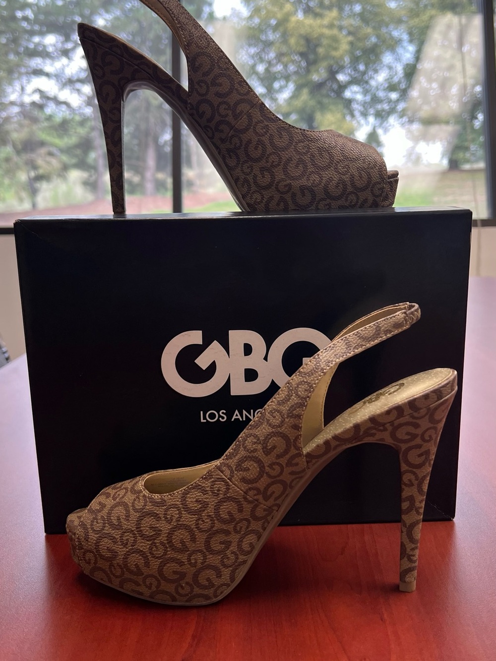 G by Guess Brown Logo-Print Slingback Peep Toe Platform Heel